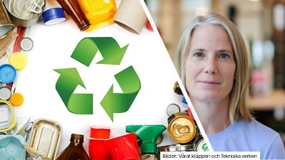 Splittad bild som visar en kvinna och på andra sidan en återanvändningssymbol med olika typer av flaskor och burkar i bakgrunden.